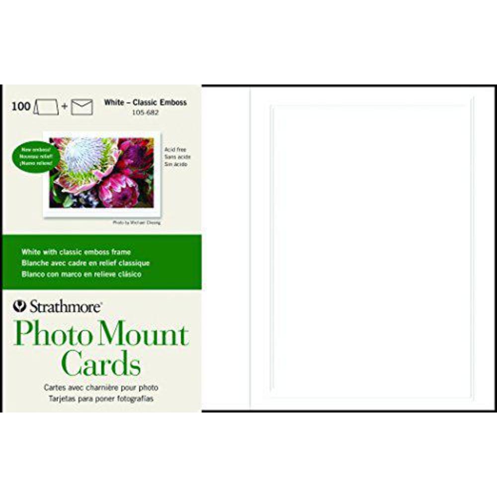 strathmore 105-682 photo mount cards, white classic embossed border, 100 cards & envelopes