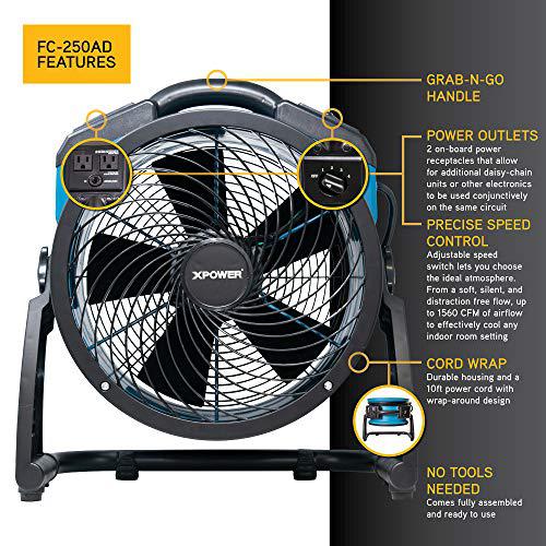 xpower fc-250ad heavy duty whole room air circulator blower fan with built-in power outlets - blue