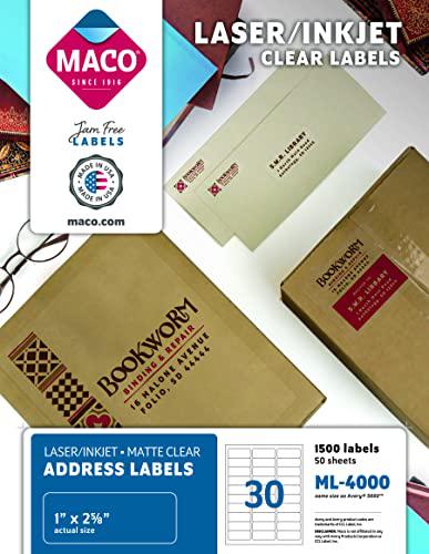 maco laser/ink jet matte clear address labels, 1 x 2-5/8 inches, 30 per sheet, 1500 per box (ml-4000)