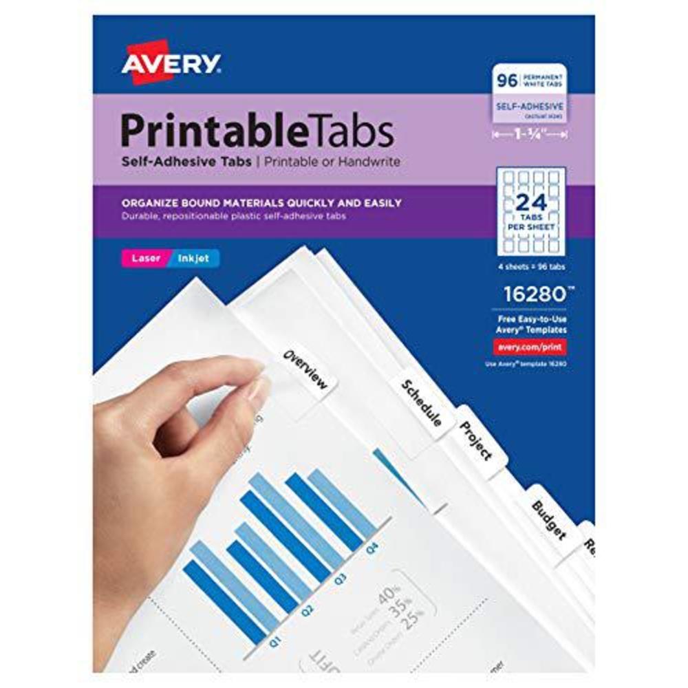 avery printable repositionable plastic tabs, 1.25 inches, white, 96 per pack (16280)