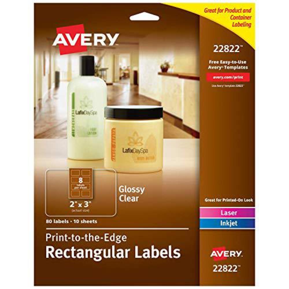 avery easy peel print-to-the-edge rectangle labels, 2 x 3 inches, glossy clear, pack of 80 (22822)
