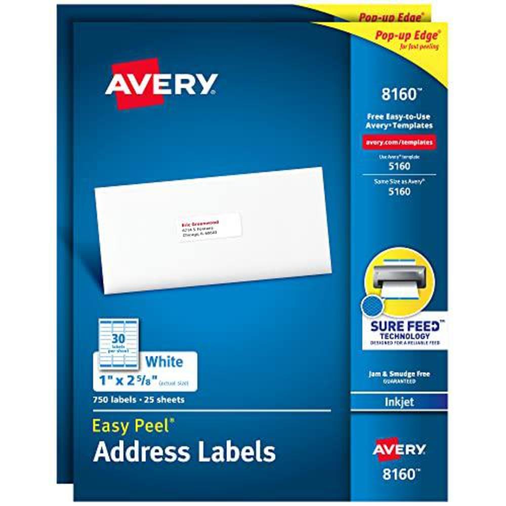 avery 8160 easy peel address labels for inkjet printers, 1 x 2 5/8 inch, white, 750 count (pack of 2)