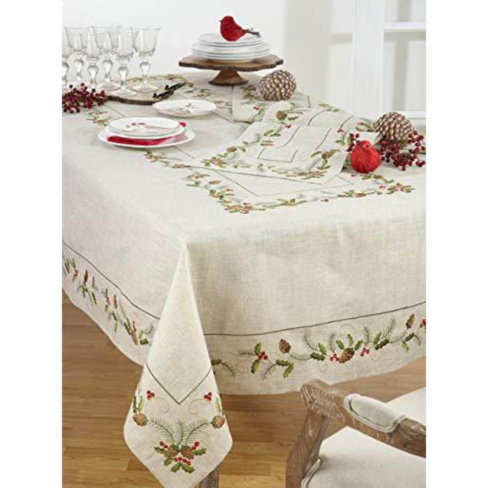 fennco styles holiday embroidered pinecone and holly poly-linen natural tablecloth, 67"x140" rectangular