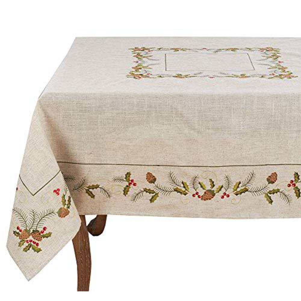 fennco styles holiday embroidered pinecone and holly poly-linen natural tablecloth, 67"x140" rectangular