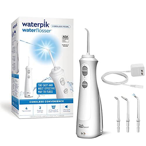 waterpik cordless pearl rechargeable portable water flosser for teeth, gums, braces care and travel with 4 flossing tips, ada