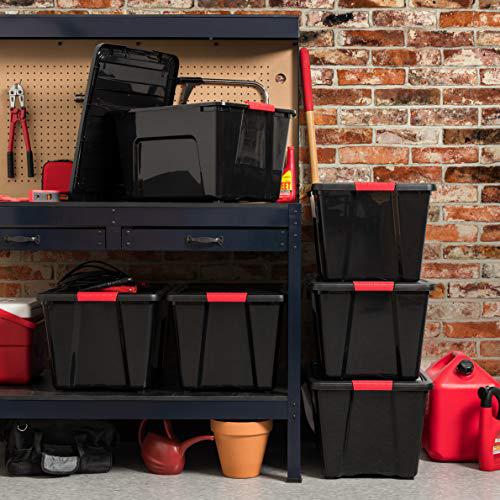 iris usa plastic storage bin tote organizing container with durable lid and secure latching buckles, 53 qt, 6 count, black & 