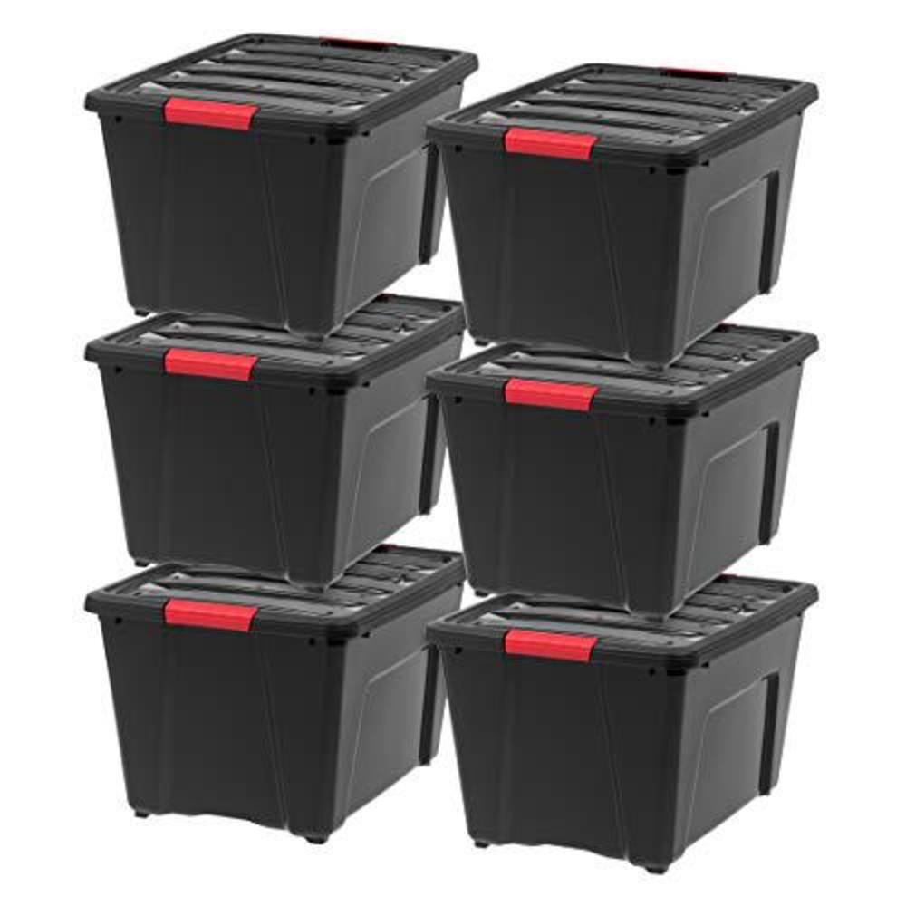 iris usa plastic storage bin tote organizing container with durable lid and secure latching buckles, 53 qt, 6 count, black & 