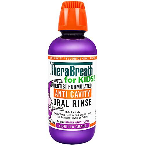 therabreath for kids dentist formulated anti-cavity oral rinse, organic gorilla grape, 16 ounce (pack of 2)