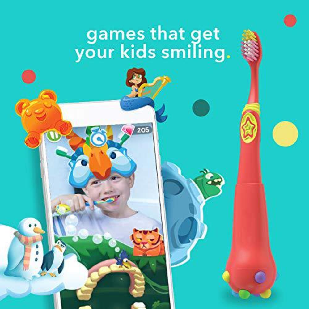 Colgate hum by colgate smart manual kids toothbrush set for ages 5+, gaming experience for teeth brushing, extra soft, coral