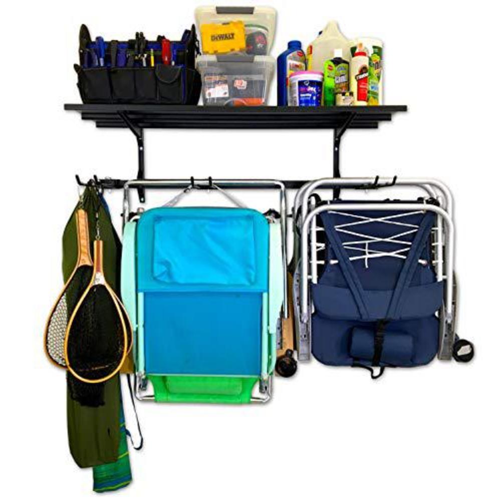 storeyourboard chair storage rack and storage shelf, folding and beach chair wall mount, home and garage hook hanger system
