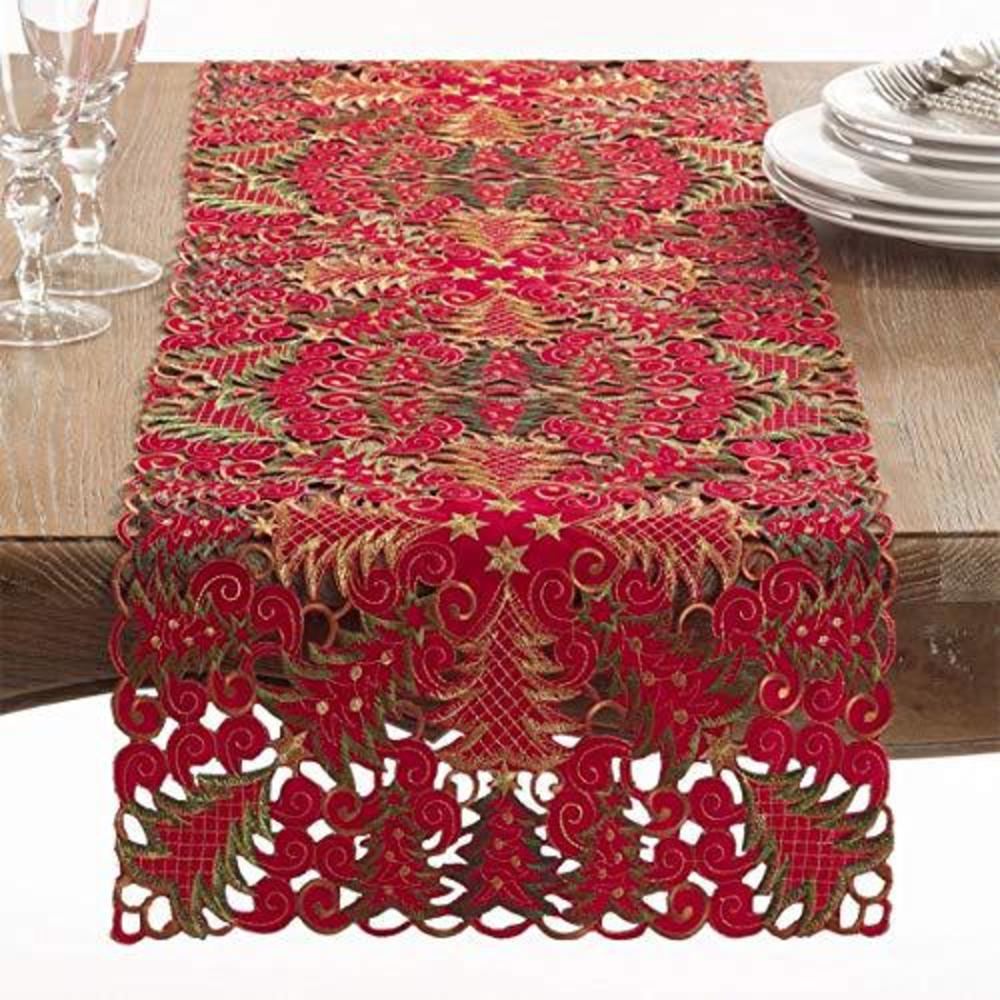 fennco styles embroidered christmas tree cutwork 16 x 90 inch table runner - red table cover for home decor, holiday, banquet