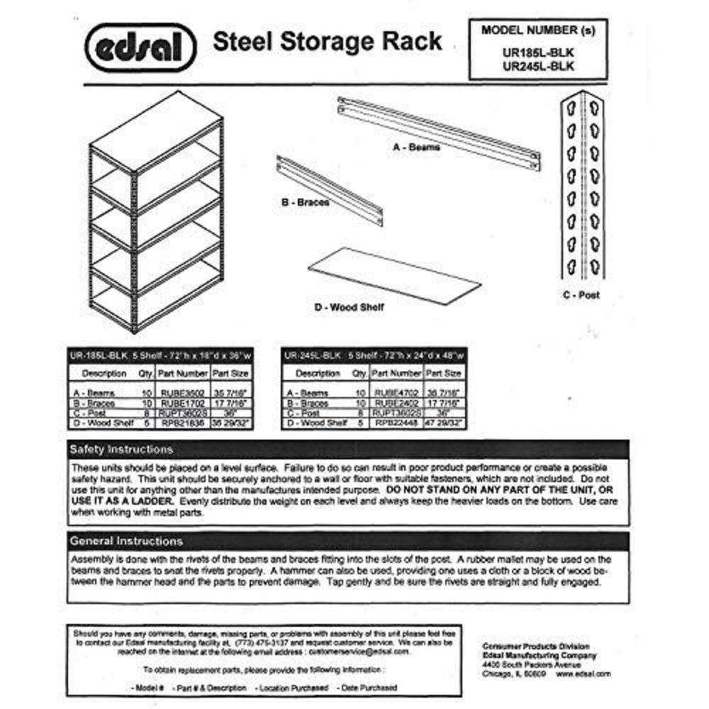 edsal 48"w x 24"d x 72"h 5-shelf steel shelving, black