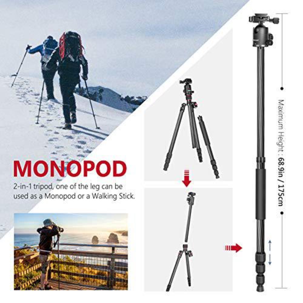 neewer carbon fiber 66 inches/168 centimeters camera tripod monopod with 360 degree ball head,1/4 inch quick shoe plate,bag f