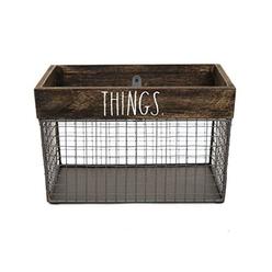 rae dunn by designstyles wire storage basket - metal and solid wood organizer - decorative folder bin - for office, bedroom, 
