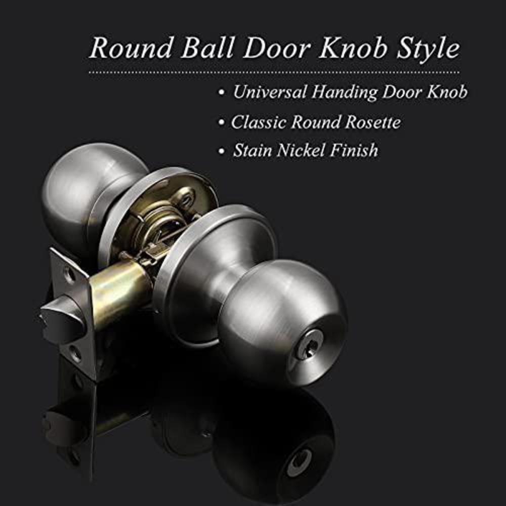 probrico brushed nickel one keyway ball door knobs entry lock with keys, 3 pack keyed alike door locksets, interior exterior 