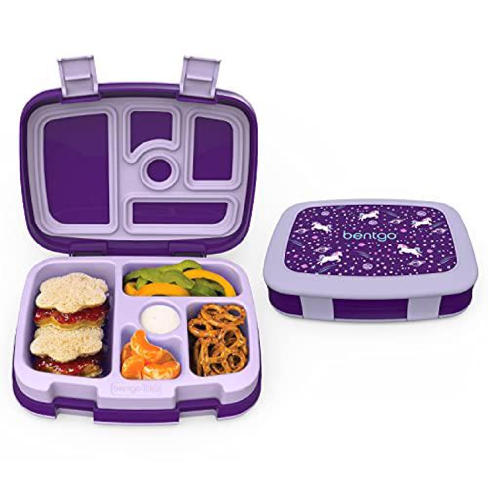 bentgo kids prints (unicorn) - leak-proof, 5-compartment bento-style kids lunch box - ideal portion sizes for ages 3 to 7 - b