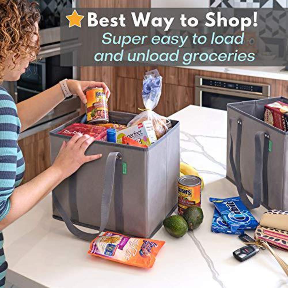 Creative Green Life reusable grocery shopping box bags (3 pack - gray). large, premium quality heavy duty tote bag set with extra long handles & 