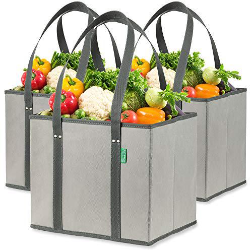 Creative Green Life reusable grocery shopping box bags (3 pack - gray). large, premium quality heavy duty tote bag set with extra long handles & 
