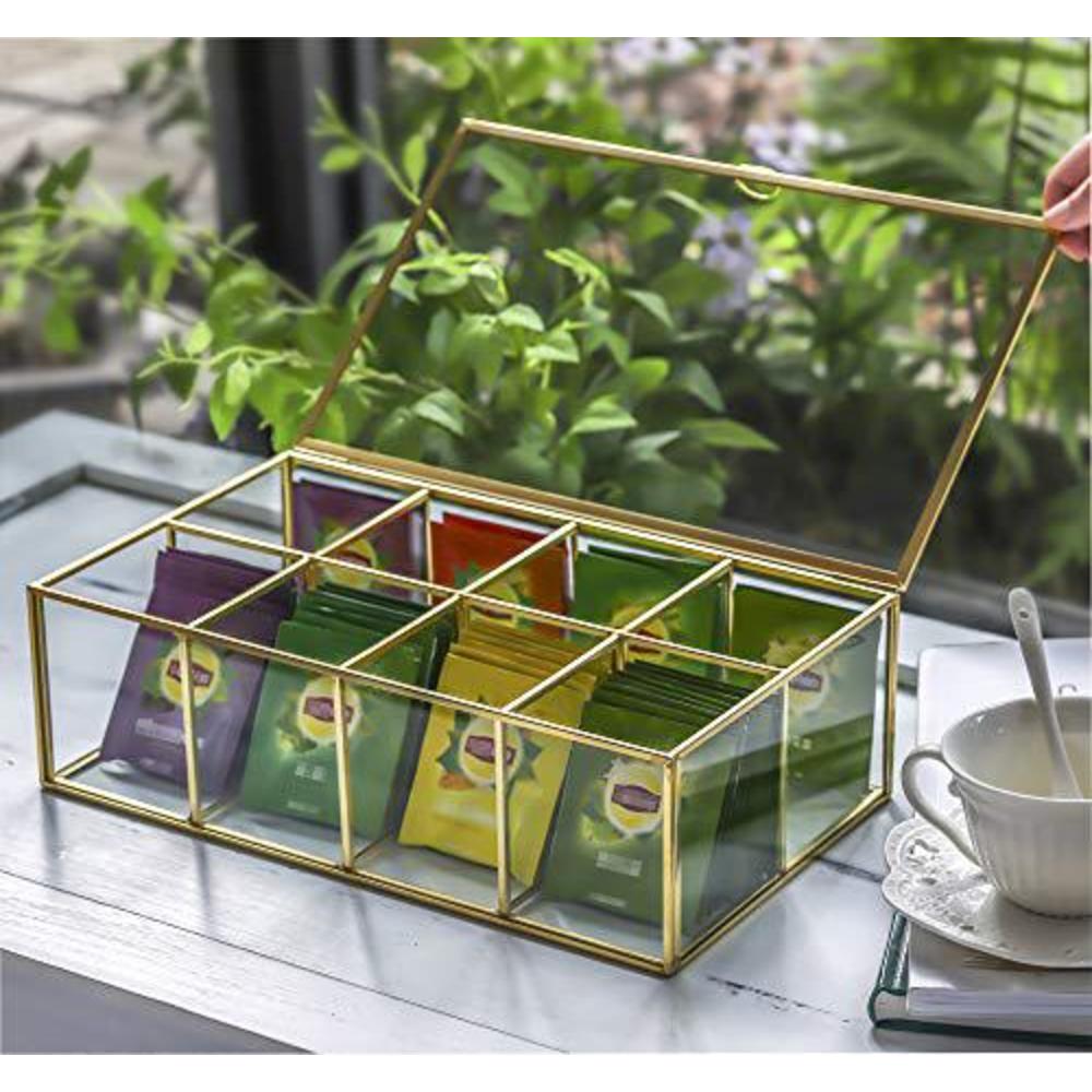 ncyp 12" glass tea bags box organizer, sugar packets storage container, decor 8 grids compartments divided handmade brass met