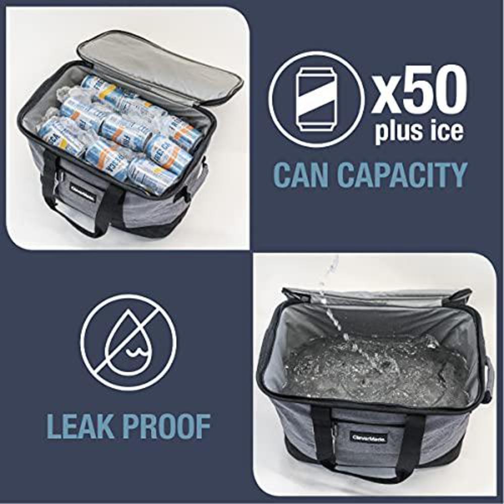 clevermade collapsible cooler bag: insulated leakproof 50 can soft sided portable cooler bag for lunch, grocery shopping, cam