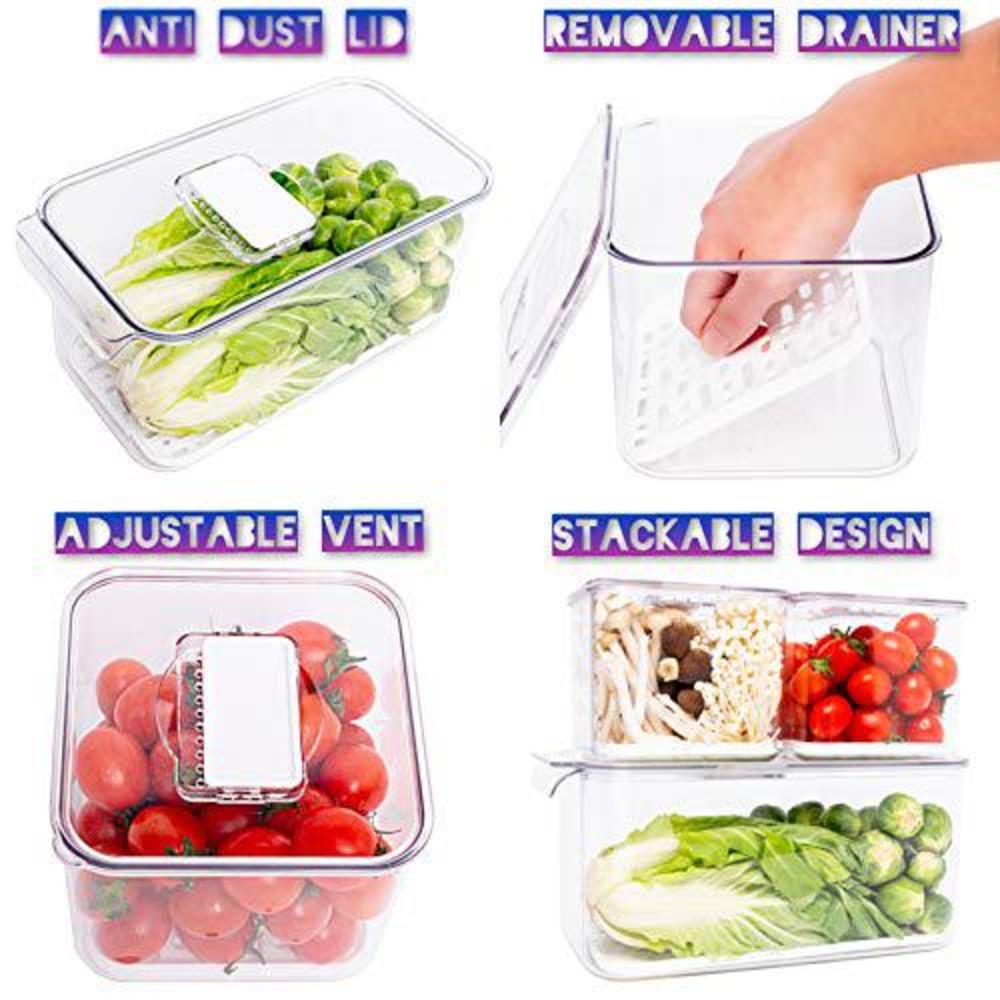 wavelux produce saver containers for refrigerator, food fruit vegetables  storage, 3 piece stackable fridge freezer organizer