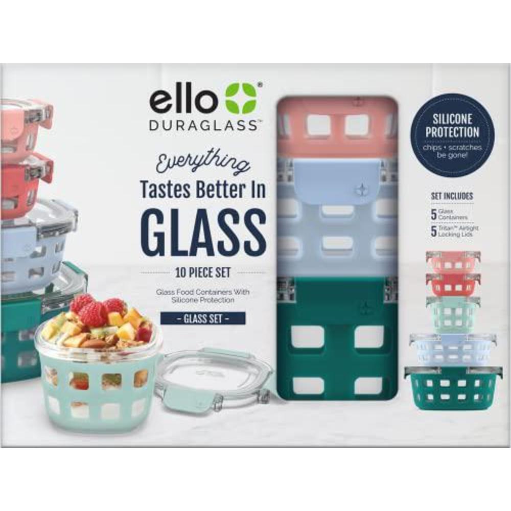 ello duraglass round glass meal prep storage containers set with leak proof airtight lids, 10 pc multi-size, melon