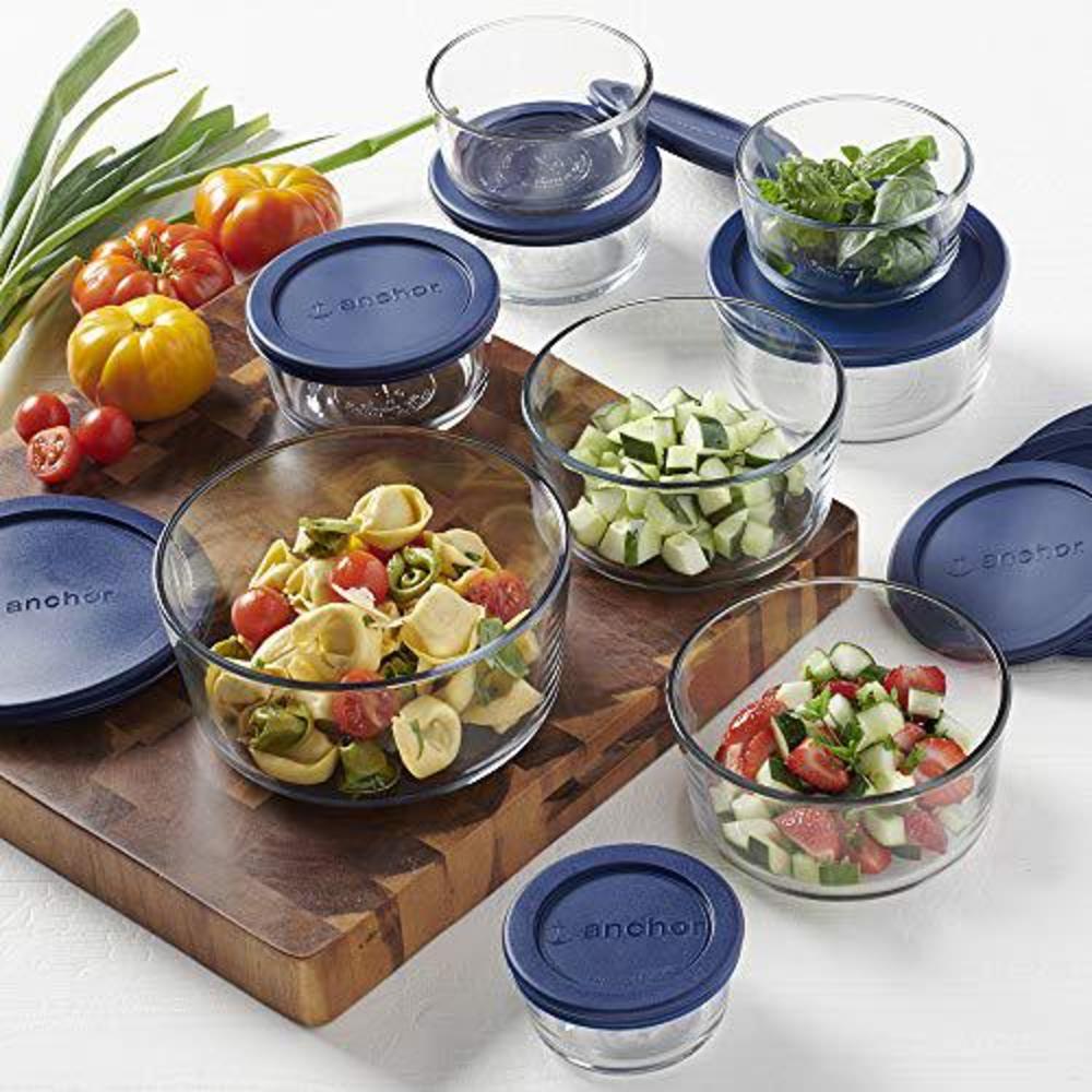anchor hocking 18 piece round glass food storage navy bpa-free snugfit lids, space saving meal prep containers