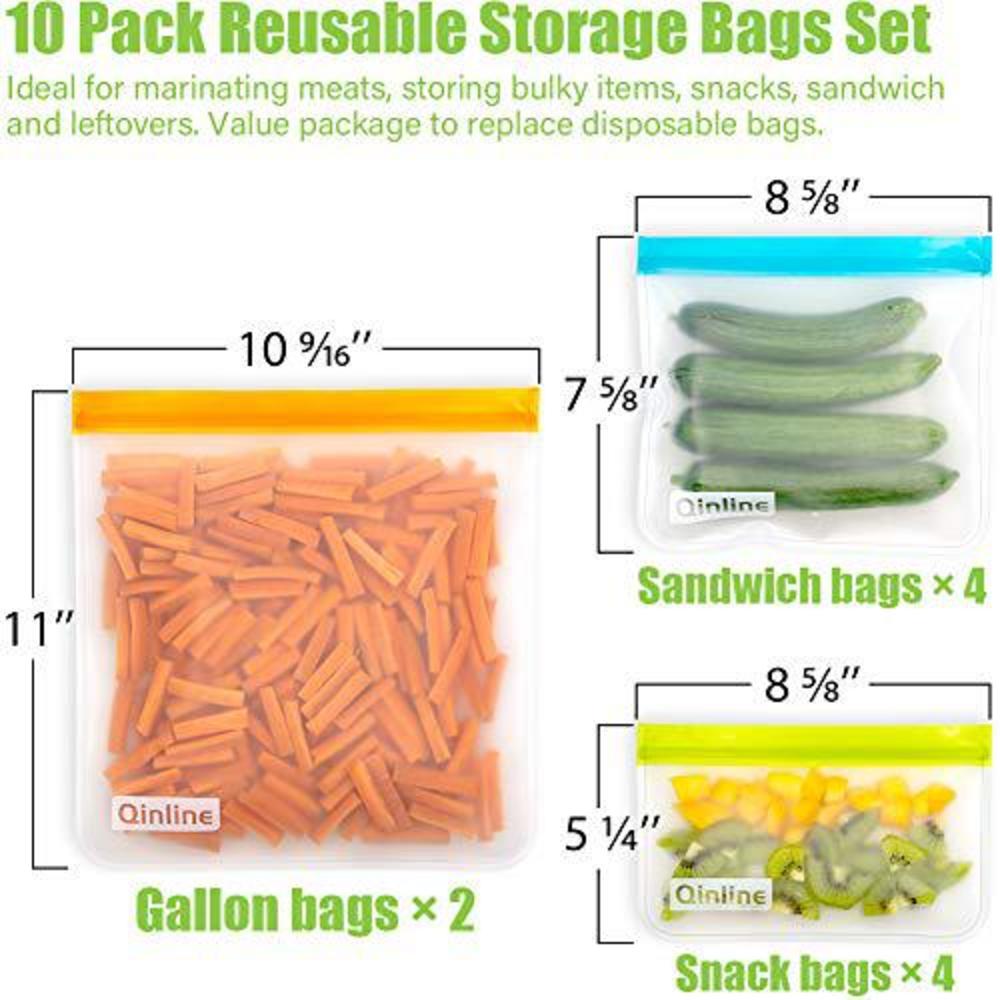 Qinline reusable food storage bags - 10 pack bpa free flat freezer bags(2 reusable gallon bags + 4 leakproof reusable sandwich bags +
