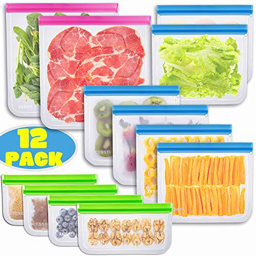 ZESSTI reusable storage bags - 12 pack bpa free freezer bags food container  for sous vide liquid lunch snack sandwich marinate meat