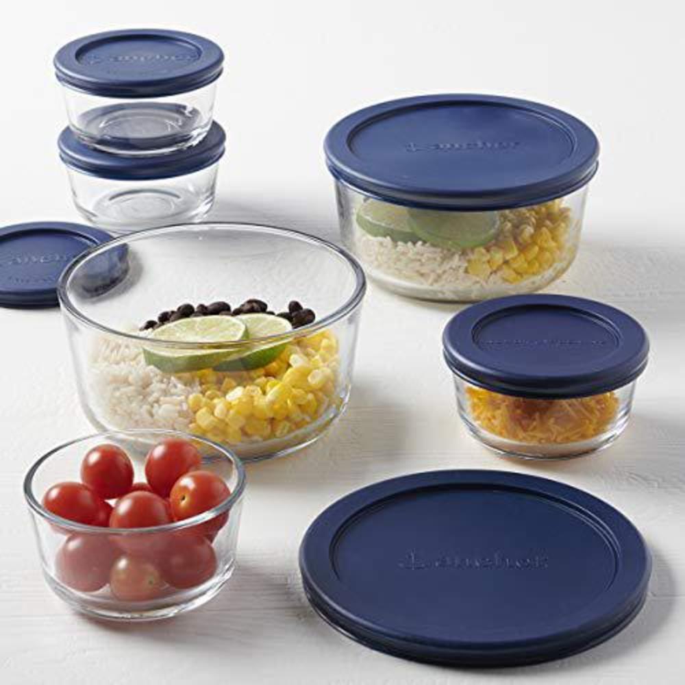 anchor hocking round glass food storage containers with blue snugfit lids, (12-piece, mixed sizes, bpa and lead free, glass t