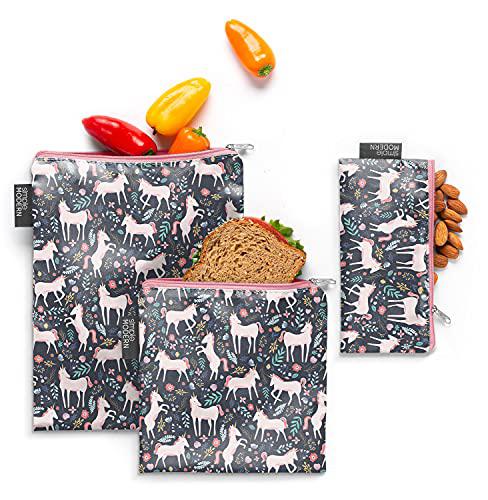 simple modern reusable snack bags sandwich bag for kids food storage, ellie 3 pack -unicorn fields