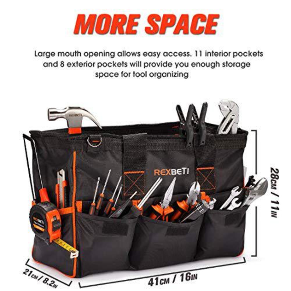 rexbeti premium tool kit with 16 inch tool bag, steel home repairing tool set, large mouth opening tool bag with 19 pockets