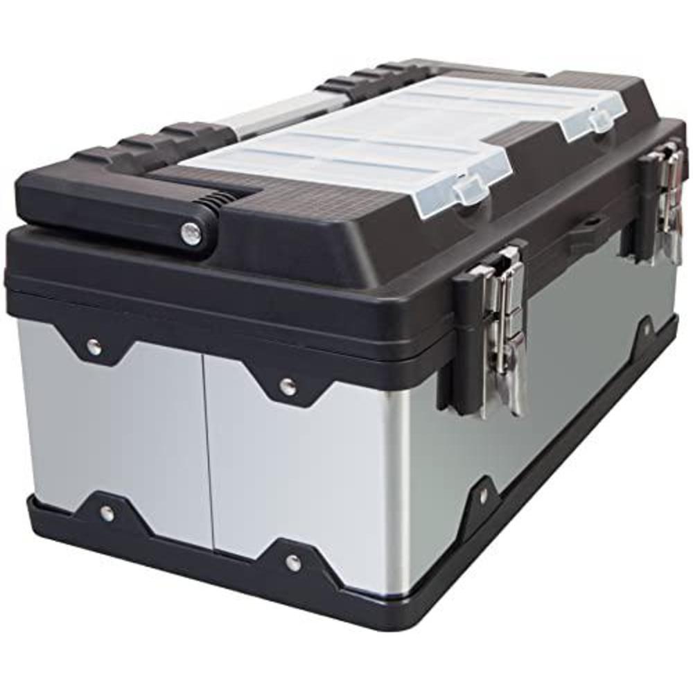 road dawg a5519bd torin 19" stainless steel portable storage tool box organizer with metal lock, clear lid compartments, and 
