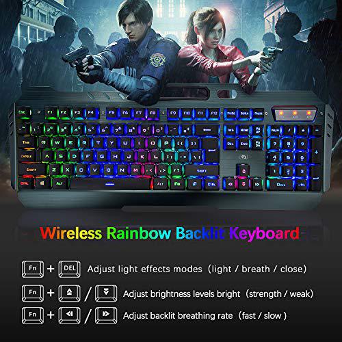 LexonElec wireless gaming keyboard and mouse,rainbow backlit rechargeable keyboard with 3800mah battery metal panel,mechanical feel key
