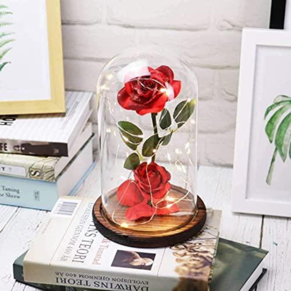 URBANSEASONS mothers gifts for mom,beauty and the beast rose ,rose kit, red silk rose and led light with fallen petals in glass dome on wo