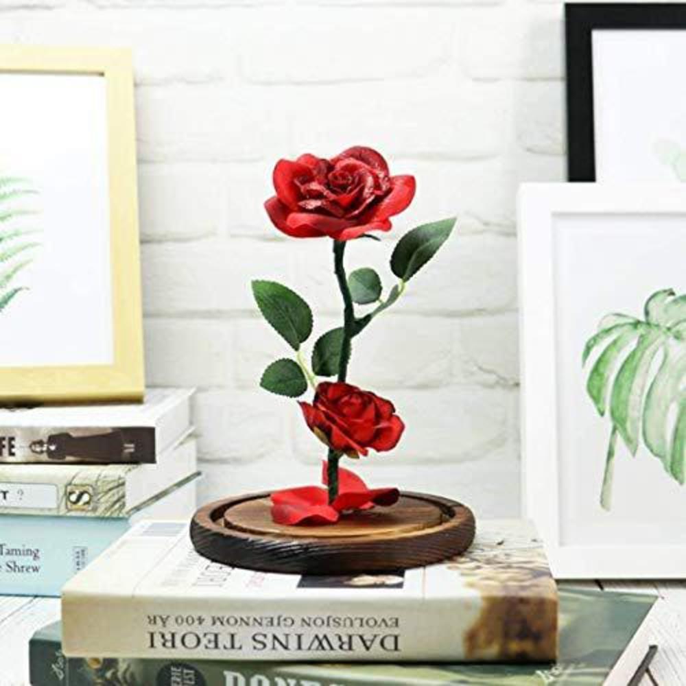 URBANSEASONS mothers gifts for mom,beauty and the beast rose ,rose kit, red silk rose and led light with fallen petals in glass dome on wo