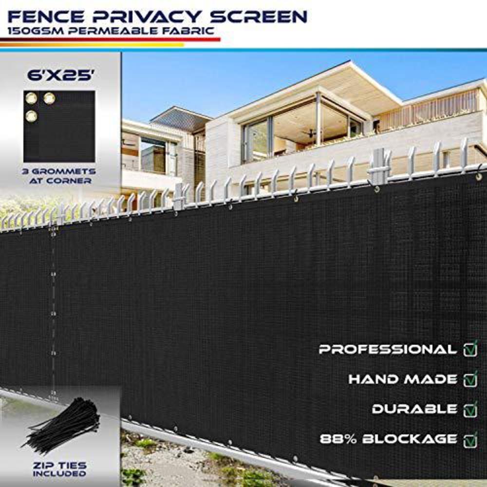 Windscreen4less 6' x 25' privacy fence screen in black with brass grommet 85% blockage windscreen outdoor mesh fencing cover netting 150gsm f