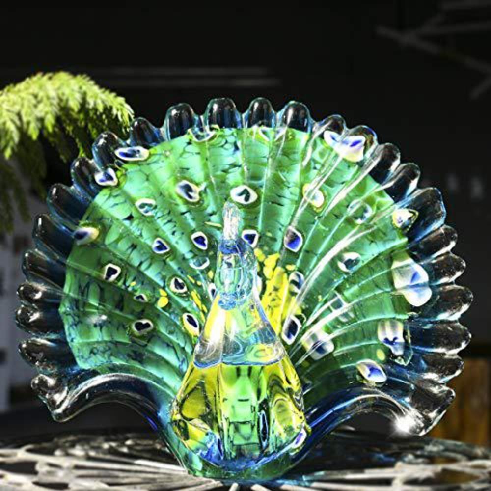 HDCRYSTALGIFTS hand blown colorful peacock art glass table top sculpture room decor (peacock)