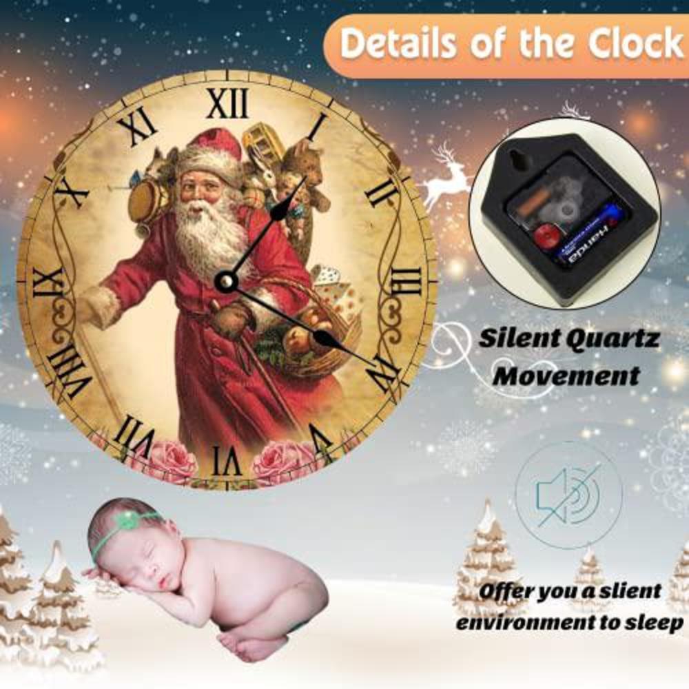 godblessign christmas santa claus skiing wall clock battery operated easy to read xmas round clock silent non ticking rustic 