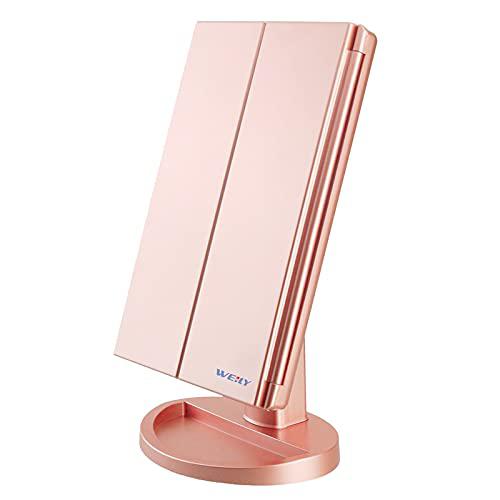 weily vanity makeup mirror,1x/2x/3x tri-fold makeup mirror with 21 led lights and adjustable touch screen lighted mirror dres
