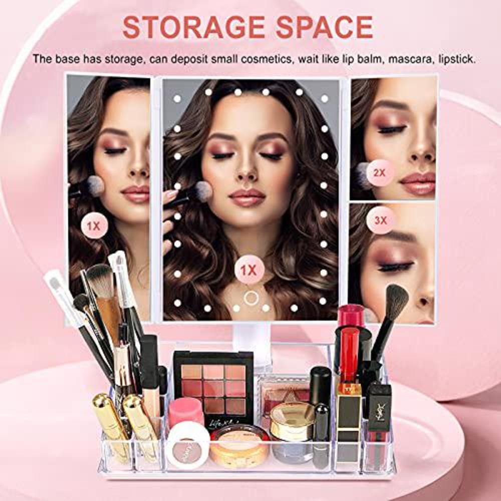 gulauri makeup mirror - lighted makeup mirror with lights and magnification, 3x/2x magnifying, tri-fold cosmetic vanity mirro
