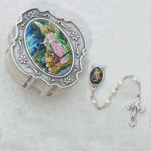 KeegansCatholicTreasures guardian angel pearl rosary with box baptism christening communion gift