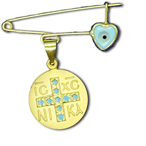 Greekshops.com gold plated sterling silver safety pin w/byzantine cross newborn blue heart charm
