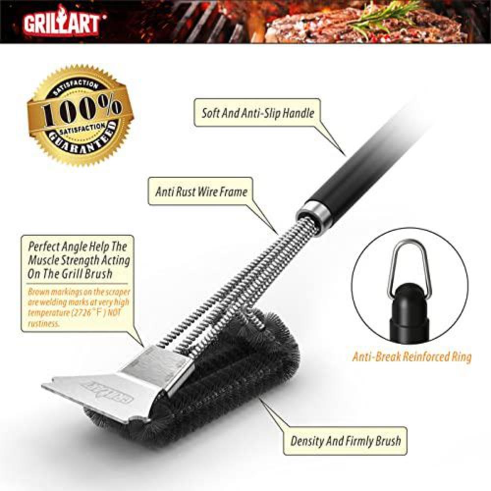 grillart grill brush and scraper with deluxe handle, safe wire grill brush bbq cleaning brush grill grate cleaner for gas inf