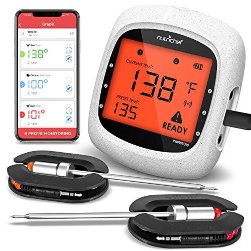 nutrichef upgraded stainless dual wireless bbq thermometer, 6 temperature probes-smoking meat accessories smart bluetooth wif