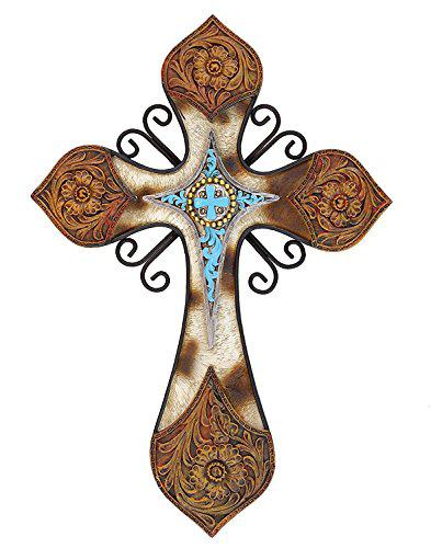 Cross Cowhide Tooled Leather Cross with Turquoise Layer in Resin and Metal Combination