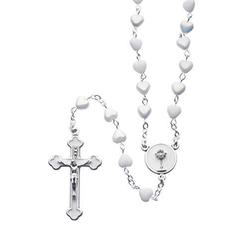 roman - communion rosary with heart shaped beads, first communion collection, 16" l, 6mm beads, white and silver, made in ita