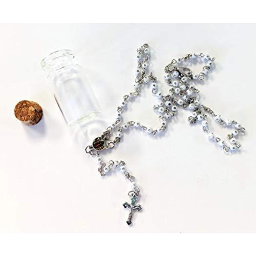 WBR 12pcs rosary in glass jar bottle beads white beaded rosary silver catholic crucifix necklace virgin mary lot of 12