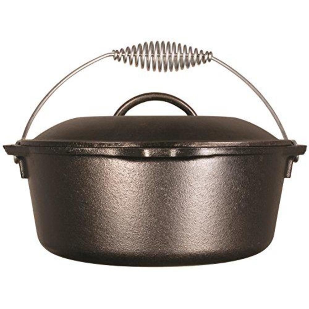 lodge 5 quart cast iron dutch oven. pre seasoned cast iron pot and lid with wire bail for camp cooking