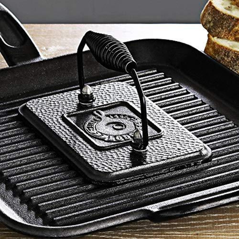 lodge pre-seasoned cast iron grill press with cool-grip spiral handle, 4.5 inch x 6.75 inch, black